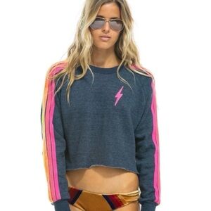 Aviator Nation Bolt Cropped Crewneck Sweatshirt Heather Navy XS